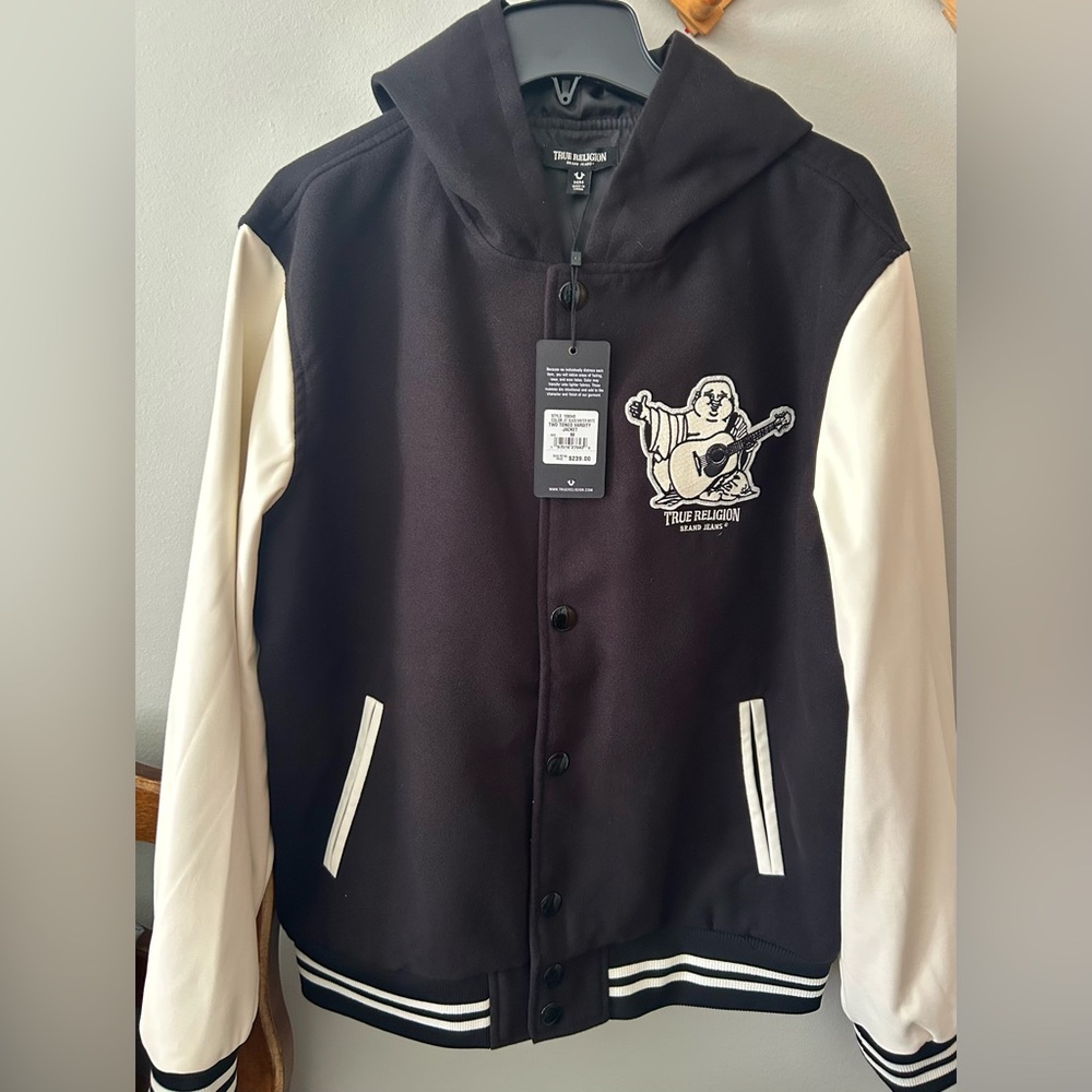 The True Religion Black and Cream Varsity Jacket